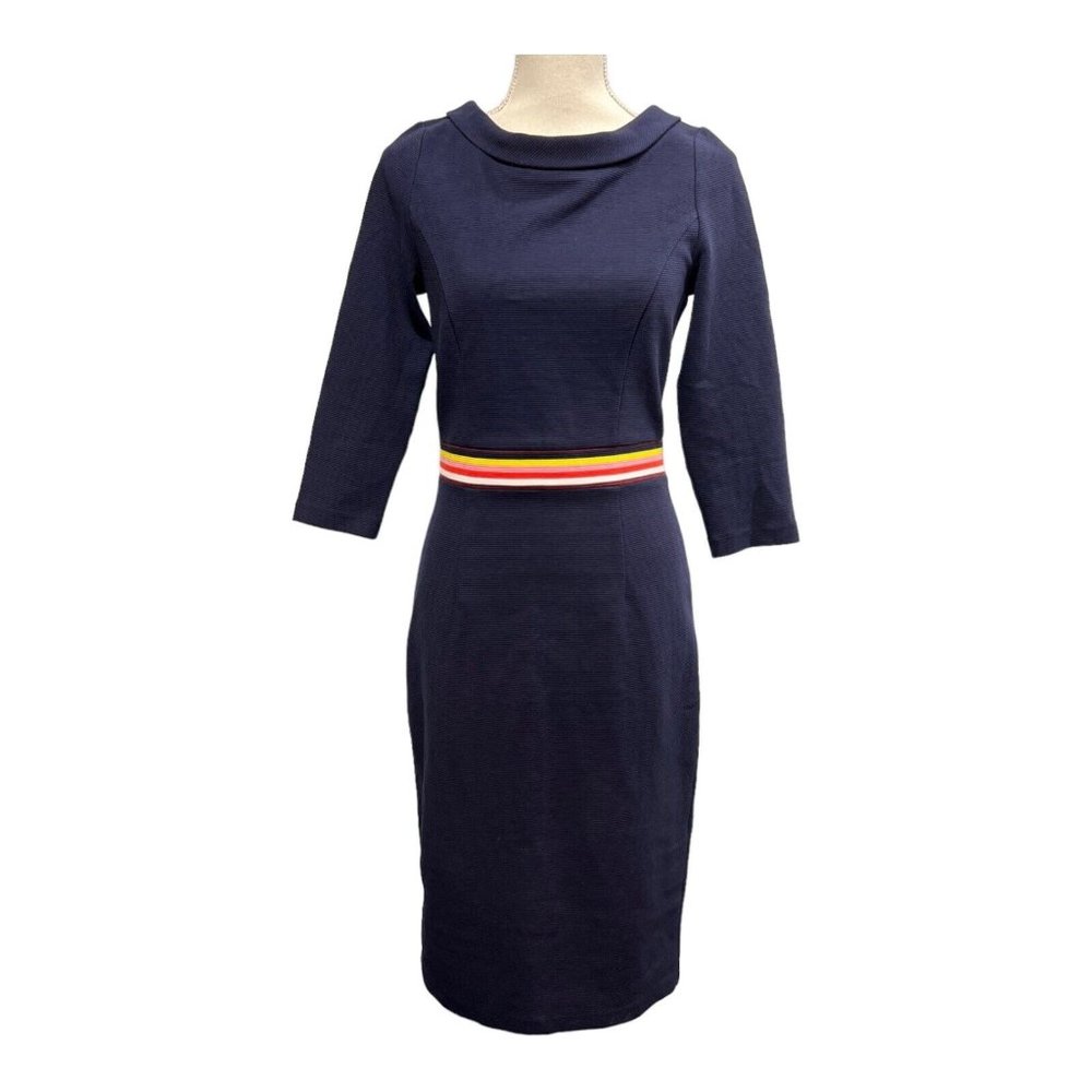 Boden Womens 6 Poppy Ottoman Sheath Dress Navy Rainbow Striped Waist Peter Pan